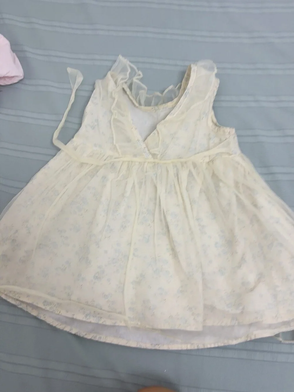 Delicate Sleeveless Tulle Dress with Pale Blue Floral Print